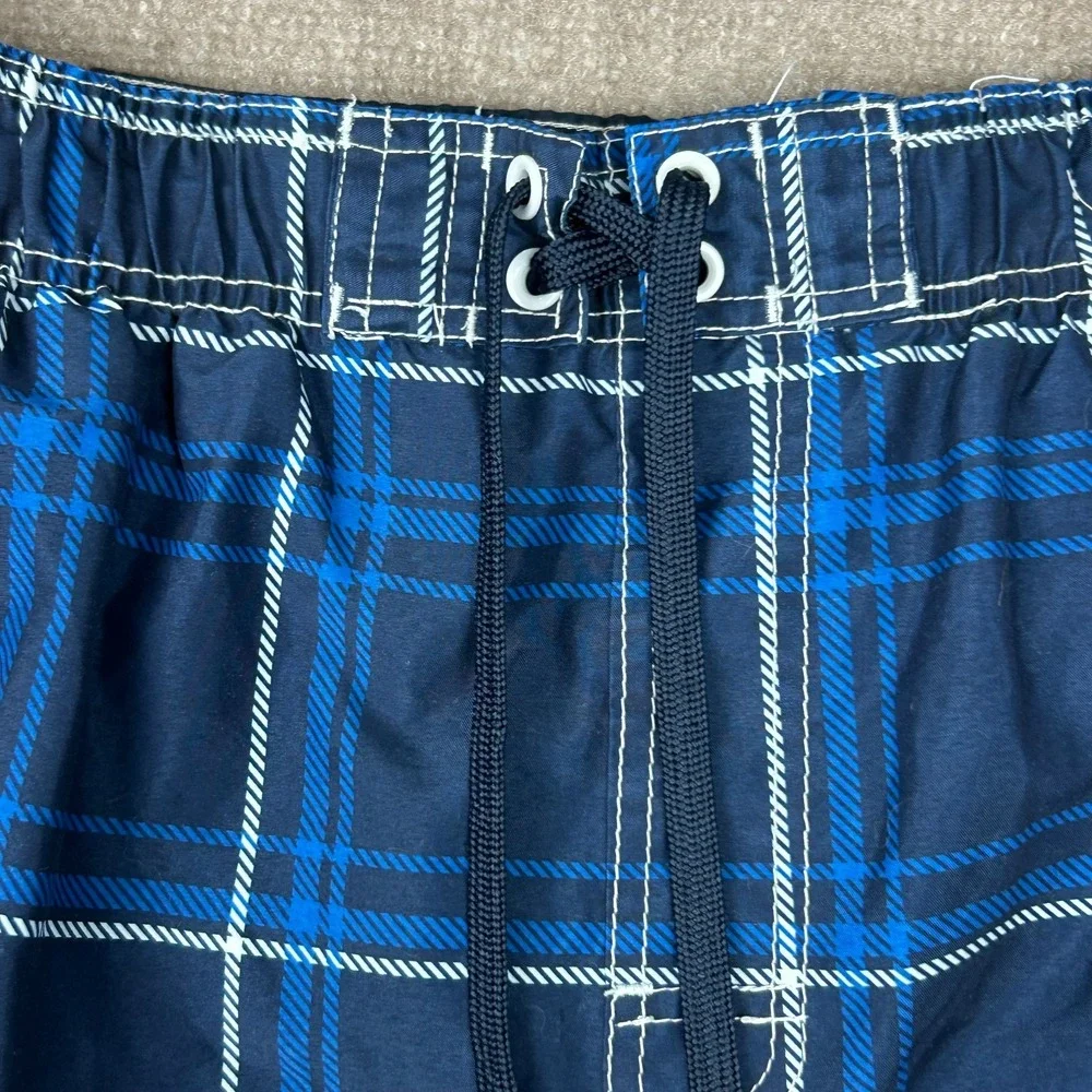 Ocean Pacific Swim Trunks Shorts Mens Large Navy Blue Plaid Mesh Lined Surfing